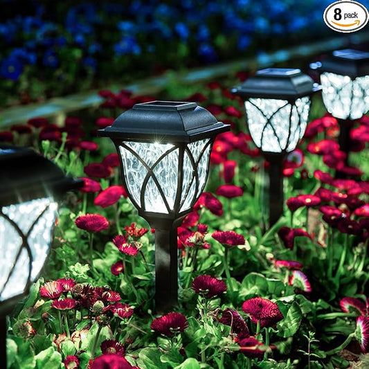 GIGALUMI 8 Pack Solar Lights Outdoor Waterproof, LED Solar Garden Lights, Outdoor Decorations, Garden Decor for Yard, Patio, Landscape, Planter, Walkway (Cold White)