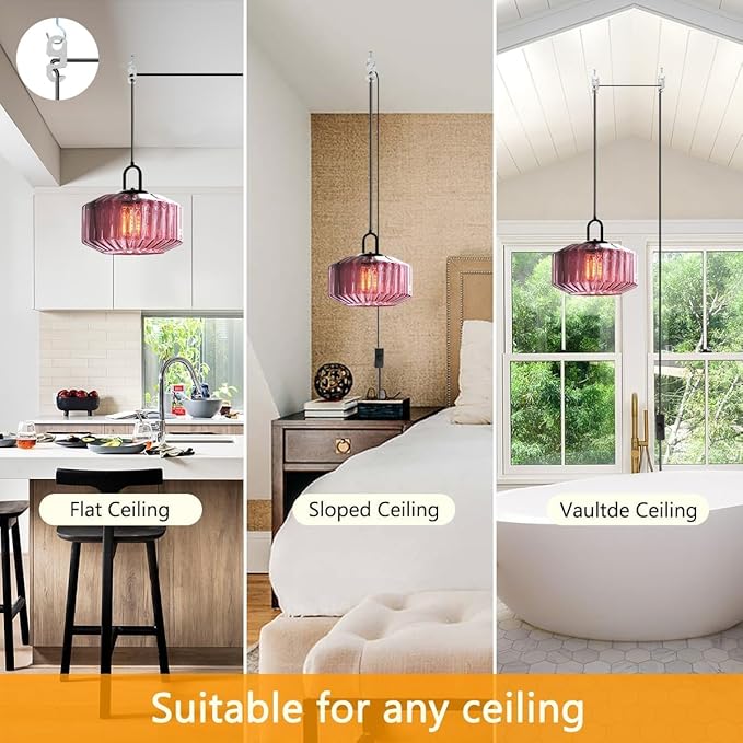 Hanging Pendant Light Plug in Vintage Plug in Hanging Light Fixture with 14.7 ft Cord Purple Striped Glass Shade Pendant Light Plug in Glass for Dining Room Farmhouse Kitchen Island