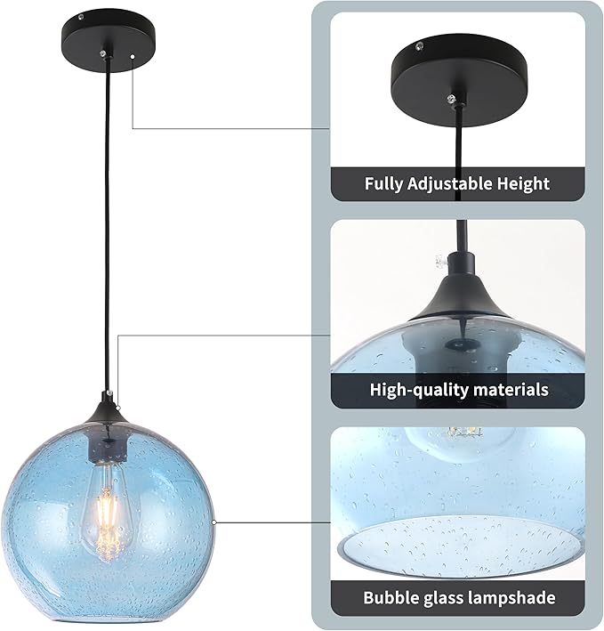 Blue Glass Pendant Lights Kitchen Island Lighting Modern Globe Pendant Light Fixtures Modern Pendant Lights for Kitchen Island Bedroom Living Dining Room Light Fixture-7.8inch 2Pack