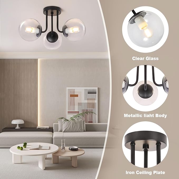 Bektas 3-Lights Semi Flush Mount Ceiling Light Fixture Matte Black Light Fixture Bend Modeling with Transparent Glass Shade for Bedroom,Living Room,Dinning Room Foyer Hallway