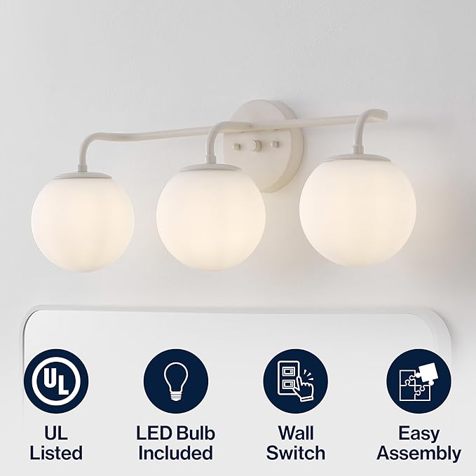 JONATHAN Y 25" Almond Modern Globe Wall Sconce Vanity Light for Bathroom, White Frosted Glass Shade, Midcentury Parisian Bistro Wall Lamp, LED Bulb Included (JYL3536C)
