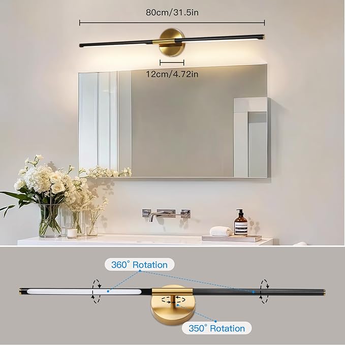 Battery Operated Wall Sconces Set of Two, 360°Rotate Wireless Wall Sconces with Remote Control Dimmable Timing, Black Gold Rechargeable Modern Decor Lights for Hallway Living Room, 31.5 Inch