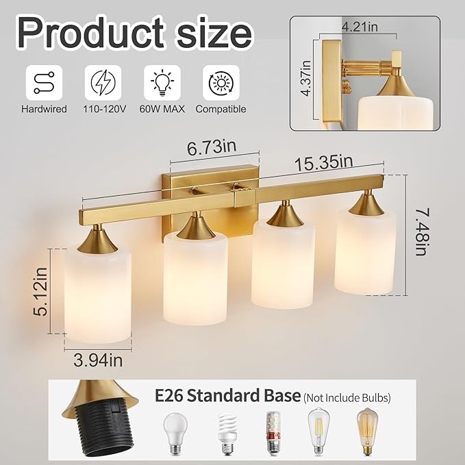 ZHU YAN 4-Light Bathroom Lighting Fixtures Over Mirror,Gold Bathroom Light Fixtures,Modern Wall Sconces Milky White Glass Shades for Bathroom Vanity Light,E26 Base