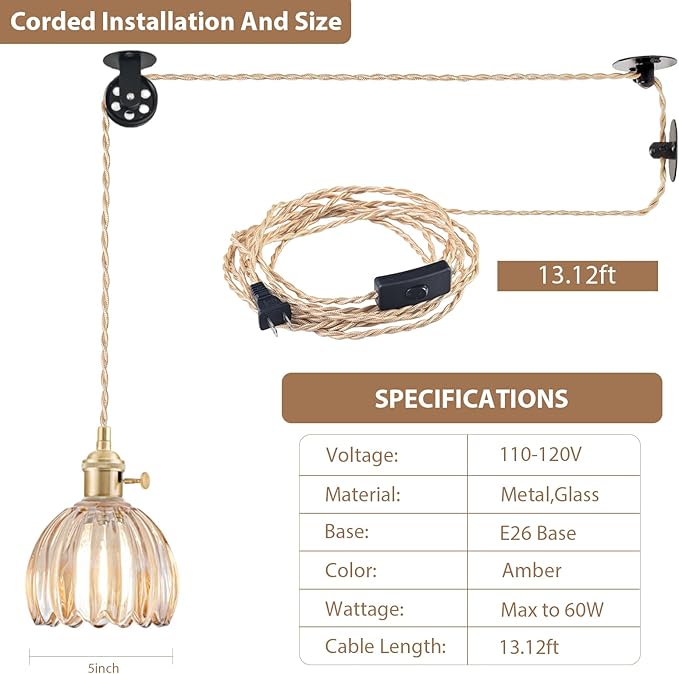 2 Pack Plug in Pendant Light Fixtures, Hanging Light Fixture Vintage Glass Pendant Light, Mini Amber Tulip Hanging Lamp, Pendant Lighting for Kitchen Island, Bedroom, Dining Room, Living Room