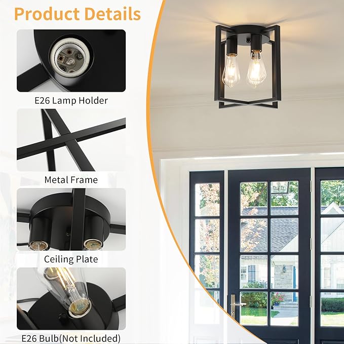 WILON Black Ceiling Light Fixture, 3-Light Modern Farmhouse Chandelier Industrial Semi Flush Mount for Hallway Bedroom Living Room Foyer Entryway Kitchen Hall Dining Laundry Office
