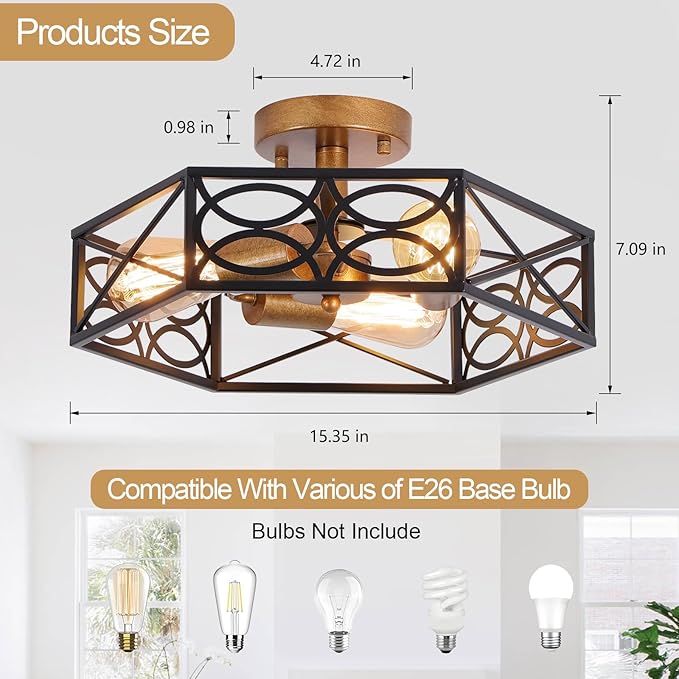 Industrial Semi Flush Mount Ceiling Light Fixture, Retro Gold Close to Ceiling Light with Black Metal Hexagon Cage, Vintage Farmhouse 3-Light Ceiling Lamp for Kitchen, Hallway, Bathroom