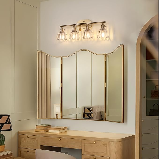 Shenmoyl Bathroom Light Fixtures, 4-Light Brass Vanity wall Light Over Mirror with Clear Tulip Glass Shade for Bedroom Living Room (Bulb Not Included)