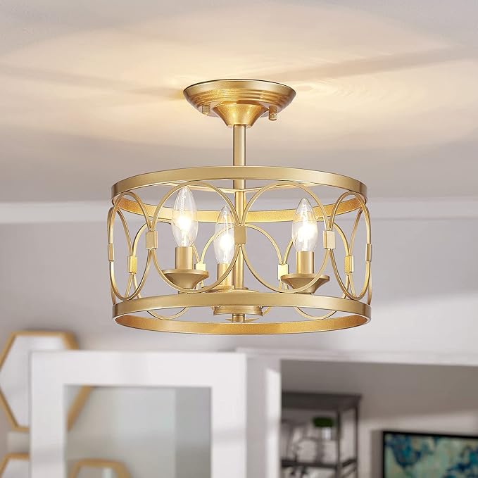 LOOYD 3-Light Semi Flush Mount Ceiling Light Fixture, Farmhouse Ceiling Light for Kitchen Bedroom, Living Room, Kitchen, Hallway (Gold)