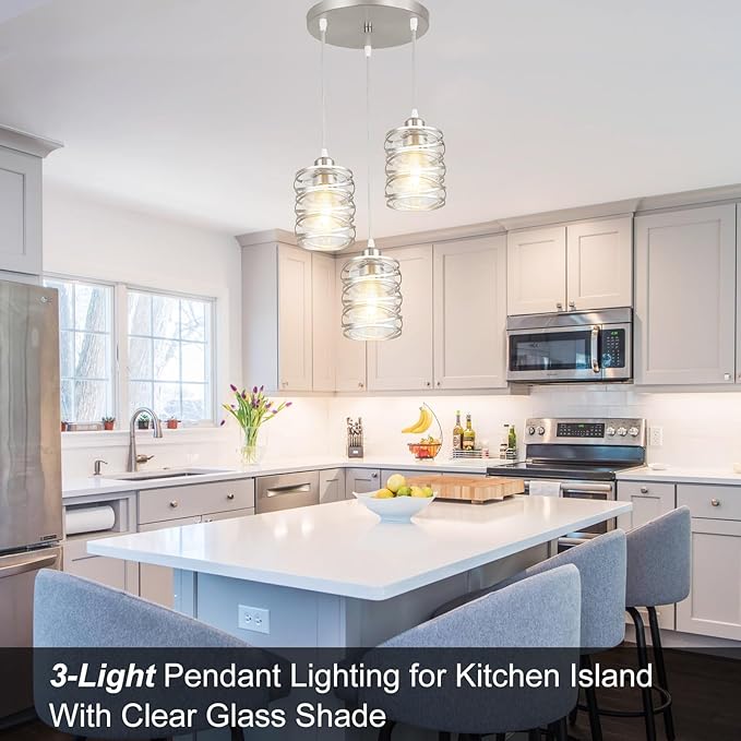 Brushed Nickel Cluster Pendant Lights, 3-Light Kitchen Island Pendant Light Fixtures with Clear Glass Shades, Adjustable Spiral Iron Dining Room Hanging Light Fixture
