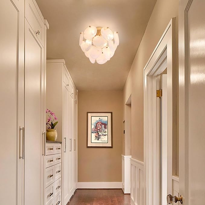 Flush Mount Ceiling Light Chandelier, Gold Glass Mid Century Modern Chandelier Foyer Light Fixtures Ceiling Mount 4 Light with Unique White Round Glass Sheet for Living room Bedroom Entryway Kitchen
