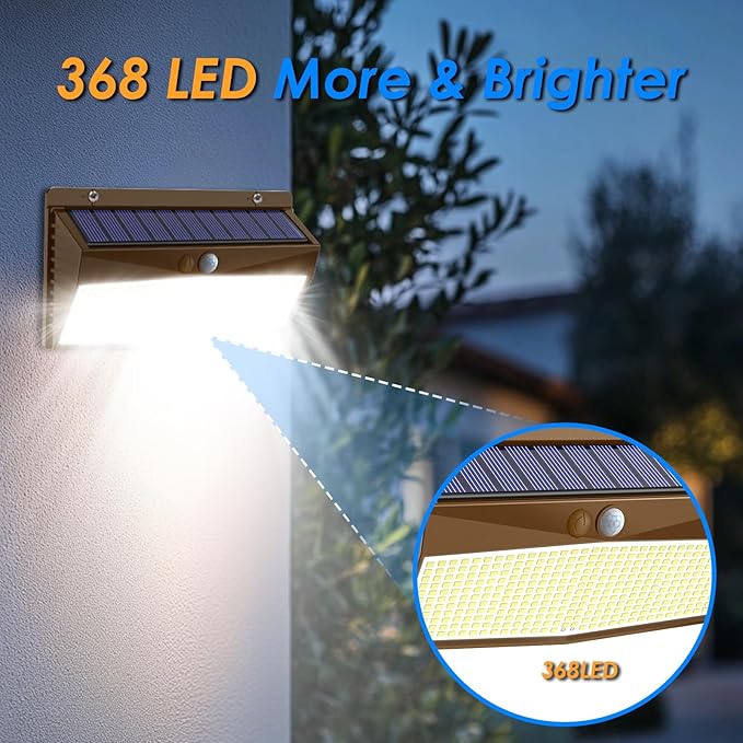 2 Pack 368 LED Solar Lights Outdoor Motion Sensor, Solar Fence Light with 3 Lighting Modes, Solar Powered Security Lights Waterproof for Outside Yard Wall Garden Backyard，Brown