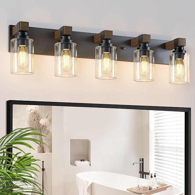 Farmhouse Bathroom Vanity Light Fixtures, Rustic 5-Light Wood Vanity Lights for Bathroom, Vintage Black Wall Sconces Lighting, Light fixtures Over Mirror, with Glass Shade