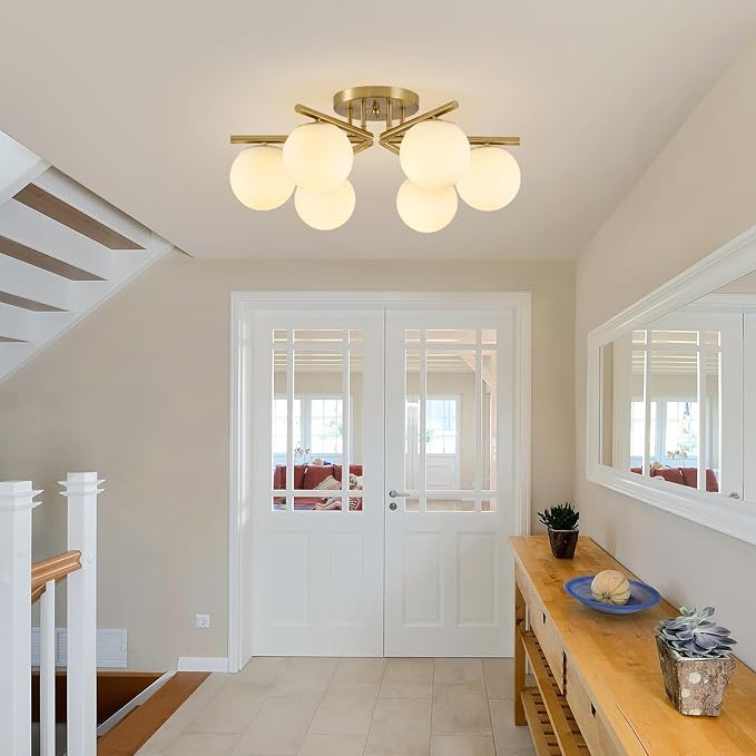 6 Lights Sputnik Ceiling Light Fixture,Semi Flush Mount Ceiling Light Sputnik with Milk Glass Globe, Brushed Brass Chandelier for Living Room, 25.98‘’ Large Mid Century Modern Fixture