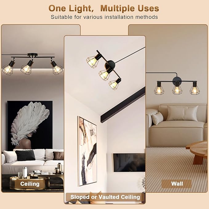 3-Light Plug-in Track Lighting with Rotatable Heads, Plug in Ceiling Light with 16.4ft Power Cord & Switch, LED Spotlight for Kitchen Cabinet Living Room Artwork, E26 Socket (Bulb Not Included)