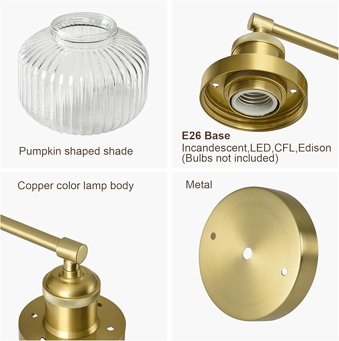 Vintage Wall Sconces with Clear Pumpkin Glass Lampshade, Indoor Bathroom Wall Sconce, Modern Gold Industrial Lighting Fixture for Mirror Living Room Hallway 2 Pack