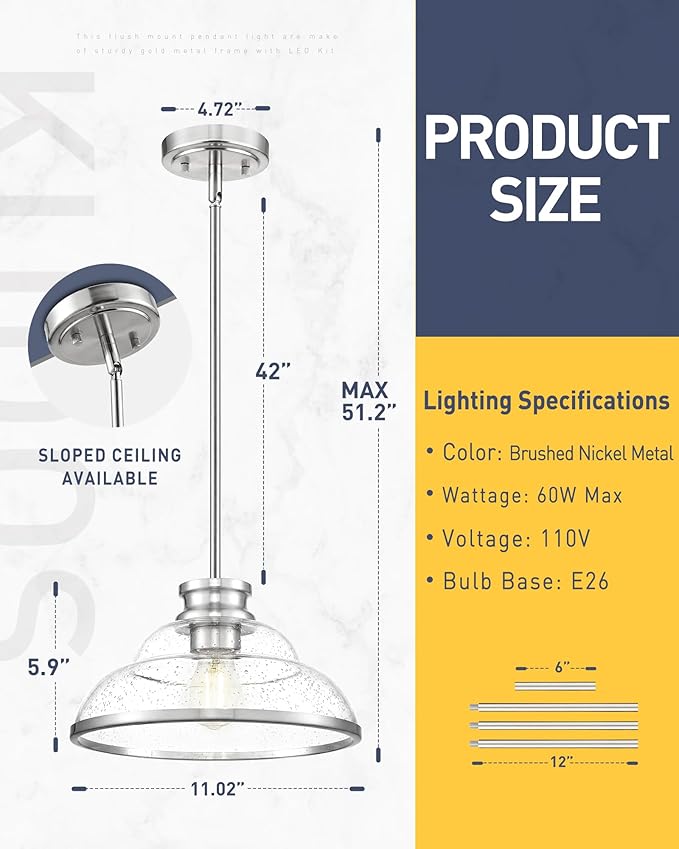kudos Pendant Lights Kitchen Island, 11" Brushed Nickel Kitchen Island Lighting with Seeded Glass, Farmhouse Pendant Light fixtures for Kitchen Sink Dining Room Hallways, KDPL14-BN