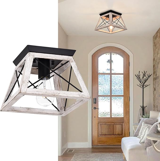Luupyia Farmhouse Ceiling Light Fixture Semi Flush Mount, One-Light Square Farmhouse Chandelier Lighting, Rustic Island Overhead Fixtures for Dining Room Entryway Living Room Beige