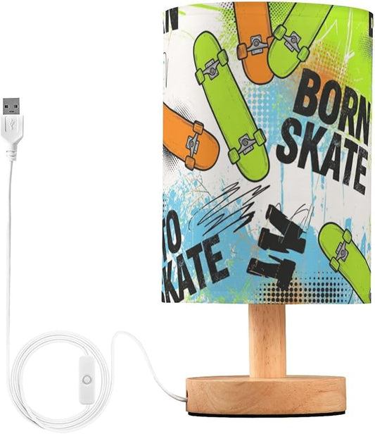 Aslsiy Grunge Skateboarding Bedside Table Lamp White Nightstand Lamp Night Light Fabric Shade for Bedroom Living Room Home Office