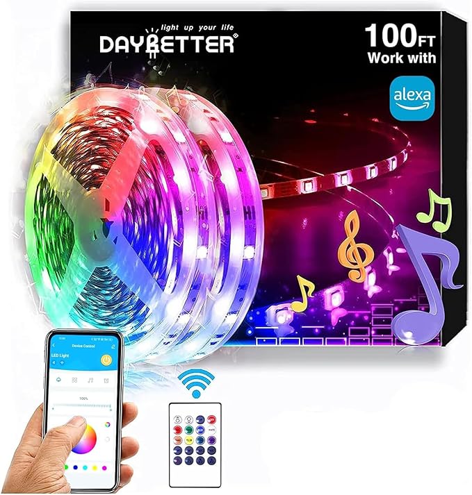 DAYBETTER RGB Led Light Strips Kit Compatible with Alexa and Google Assistant, Smart WiFi Led Strip Lights for Bedroom, Room, Decor, Kitchen, Home Party Decoration (100FT)