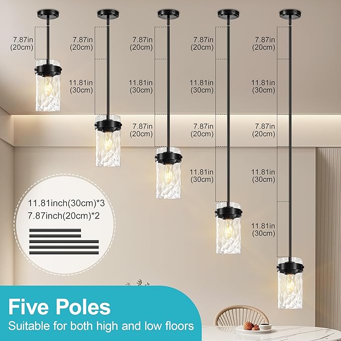 4.72" Hammered Glass Pendant Lighting for Kitchen Island 2 Pack, Modern Black Pendant Light Fixtures, Adjustable Ceiling Pendant Light for Kitchen Island Dining Room Bedroom Hallway