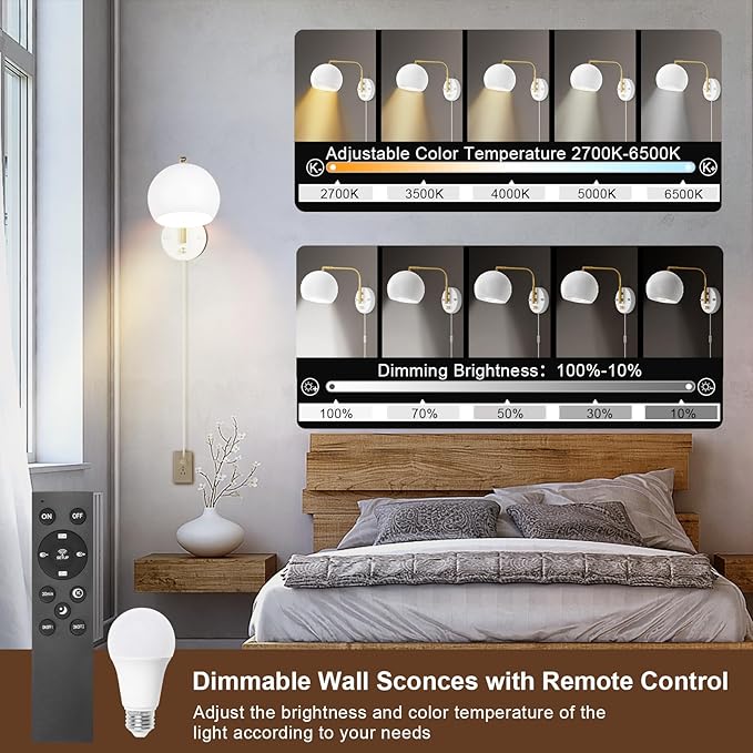 VATONI Wall Sconce with Remote Control, Plug in Wall Sconces Dimming 0-100% and Adjustable Color Temperature 2700K-6000K, Brushed Brass White Globe Swing Arm Wall Lights with Plug in Cord(2 Bulbs)