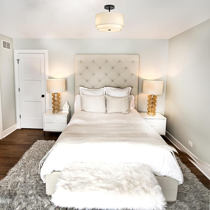 3-Light Semi Flush Mount Ceiling Light Fixture,12.6inch Modern Close to Ceiling Light with 2-Layer White Drum Fabric Shade,Entryway Light Fixture Ceiling Mount Lamps for Bedroom Dining Room