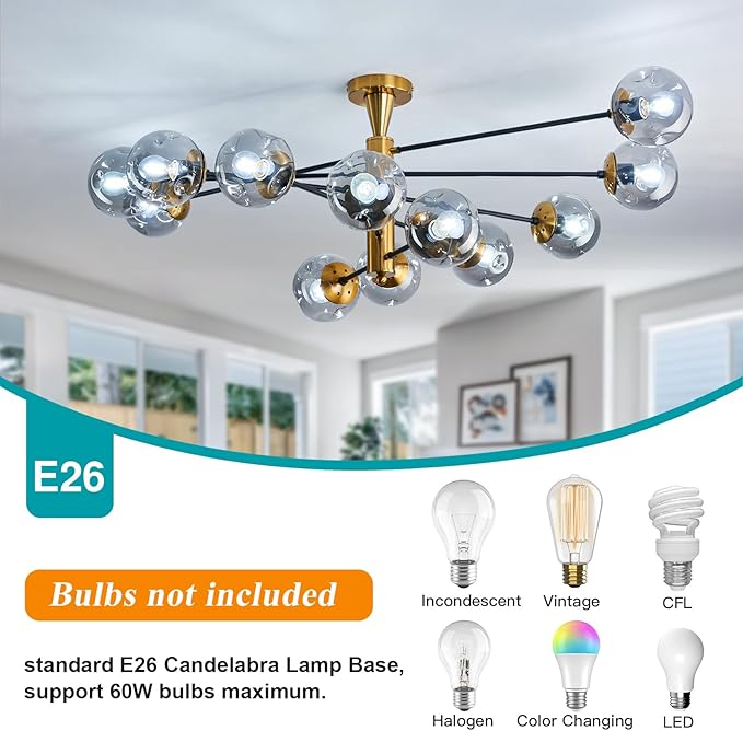 hesoge Large 12 Light Sputnik Semi Flush Mount Ceiling Light Fixture Gold Mid Century Modern Chandelier with Glass Globe Close to Ceiling Light for Living Room Kitchen Dining Room Bedroom.