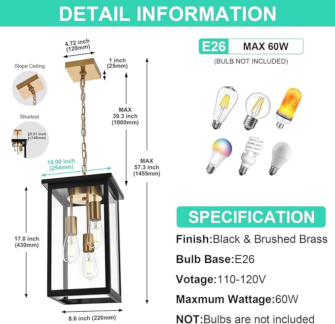 Yaohong Outdoor Pendant Lights for Porch, Modern 3-Lights Exterior Hanging Lights, Exterior Hanging Lantern with Clear Glass and Height Adjustable, Large Outdoor Ceiling Lights for Patio Front Foyer