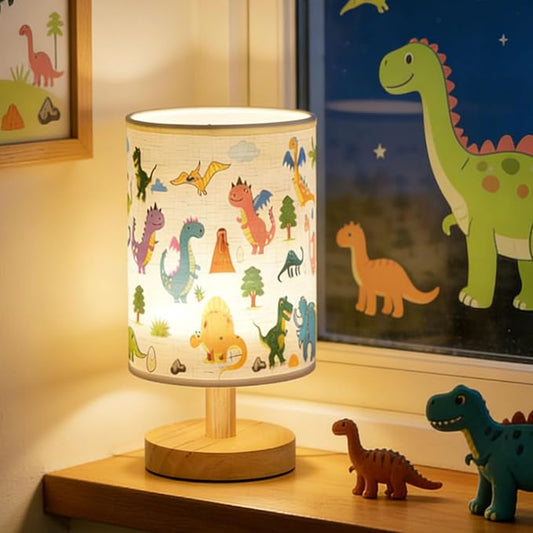 Kids Table Lamp for Bedroom,Dinosaur Room Decor for Boys,3 Level Dimmable Wood Nightstand Desk Base Flaxen Fabric Shade for Bedroom Living Room,Dinosaur Gifts for Boys (Colour)