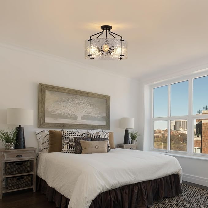 Semi Flush Mount Ceiling Light Fixture,Glass Drum Kitchen Lighting Fixtures Ceiling,18''Black Modern Light Fixture Chandelier,5-Light Foyer Lighting Fixtures for Living Room Hallway Foyer Porch