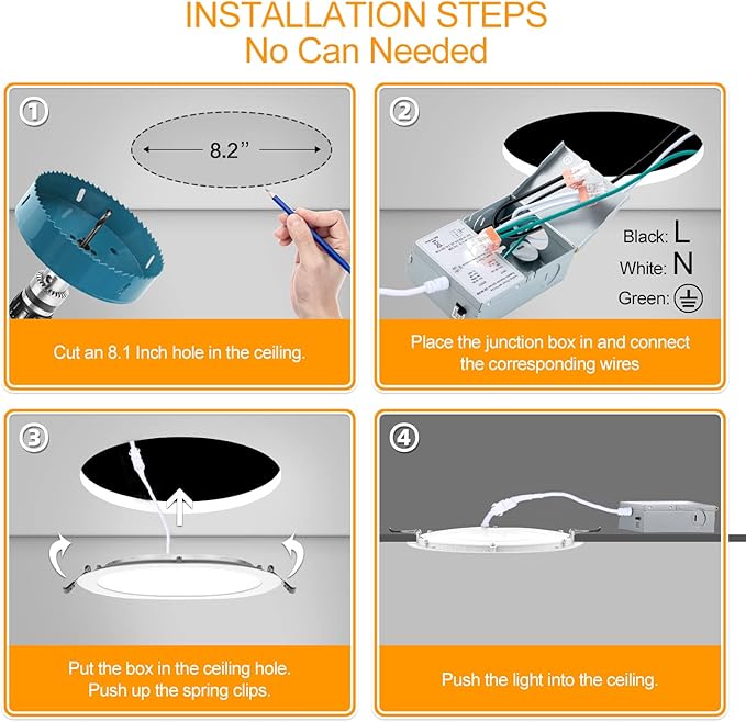 LZHOME 8 Inch LED Recessed Lighting with Junction Box Ultra-Thin, 3000K/4500K/6000K Selectable, 8" Dimmable Canless LED Downlight, 1800LM CRI80 High Brightness 5%-100% Recessed Light (1 Pack)