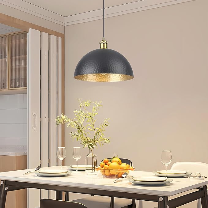 Black Farmhouse Pendant Light with Hammered Metal Shade Vintage Dome Pendant Light Adjustable Hanging Lighting fixtures for Kitchen Island Dining Room Hallway and Bar