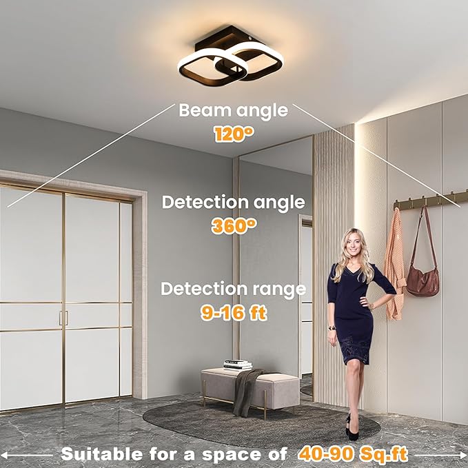 Modern LED Ceiling Light with Motion Sensor,22W Close to Ceiling Light Fixtures,Warm White 3000K Black 10 Inch Square Design Flush Mount Ceiling Light for Hallway Porch Stair Closet Basement