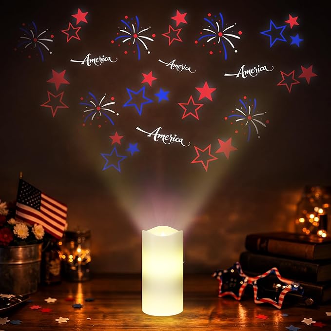 4th of July Flameless Candle Patriotic Projector Light 250th Anniversary Decoration LED Candle Battery Operated Night Light with Remote Timer Independence Day Memorial Red White Blue Table Decor