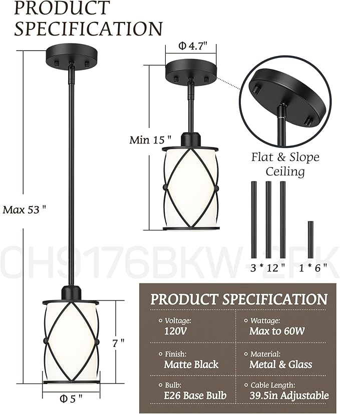 Pendant Lights Kitchen Island 3 Pack, Black Kitchen Pendant Lighting Over Island with Milk Glass and Rods, Modern Mini Hanging Light for Sink Dining Room, CH9176BKW-3PK