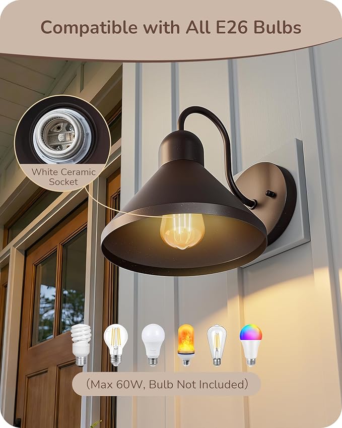 EDISHINE 2 Pack Gooseneck Barn Light, 8IN Outdoor Wall Light Fixture, Farmhouse Outside Wall Sconce, Brown Wall Mount Lantern for Porch, Entryway, Garage