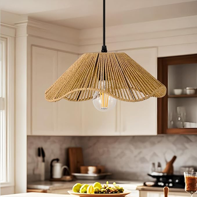 TERLEENART Hard Wired Rattan Pendant Lights Set of 2,Kitchen Island Pendant Lights with 12” Flower Shade,Boho Handwoven Paper Rope Rattan Ceiling Light for Living Room Dining Room Restaurant Foryer