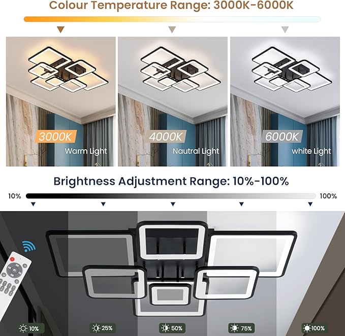 Modern LED Ceiling Light 35.04" Dimmable Black Flush Mount Ceiling Light with Remote 7 Rings 90W 3000K-6500K Ceiling Lamp for Living Room,Bedroom,Kitchen