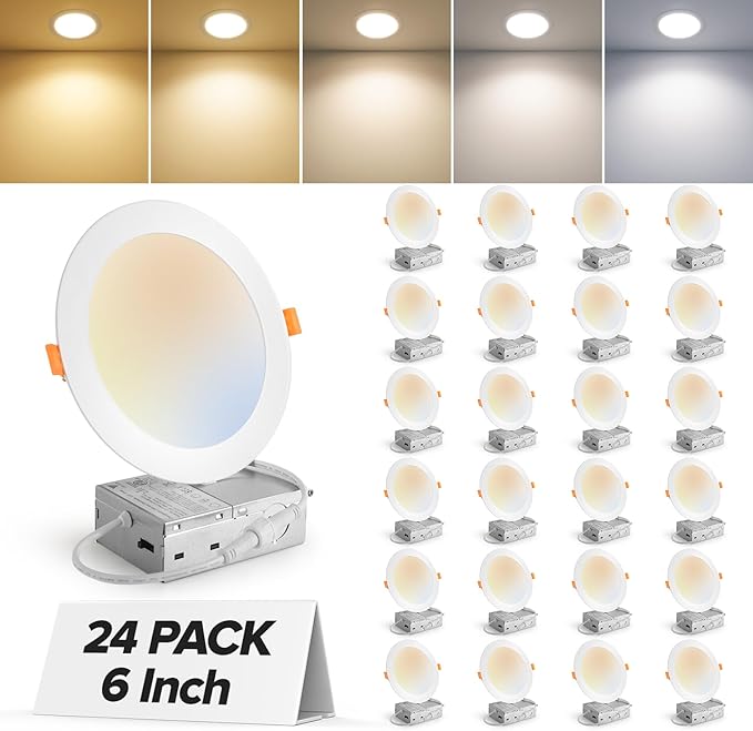 MAILCOS 24 Pack 6 Inch 5CCT Ultra-Thin LED Recessed Ceiling Light with Junction Box, 2700K-5000K Selectable, 1050LM High Brightness, Dimmable Canless Wafer Downlight, 12W 120V, ETL