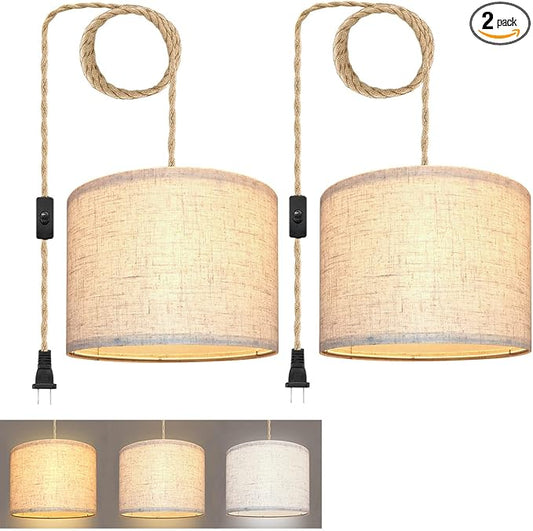 KUAUGST Plug in Pendant Light, Hanging Lights with Plug in Cord, Hanging Lamp with 15ft Hemp Rope, On/Off Switch, Beige Linen Shade, Light Fixture for Bedroom, Living Room, Dining Table 2 Pack