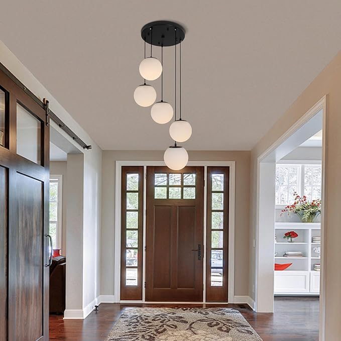 Modern Globe Cluster Chandeliers, 5 Lights White Glass Pendant Light Multi Cluster Pendant Lighting Mid Century Chandelier for Living Room Staircase Foyer Entryway, Black
