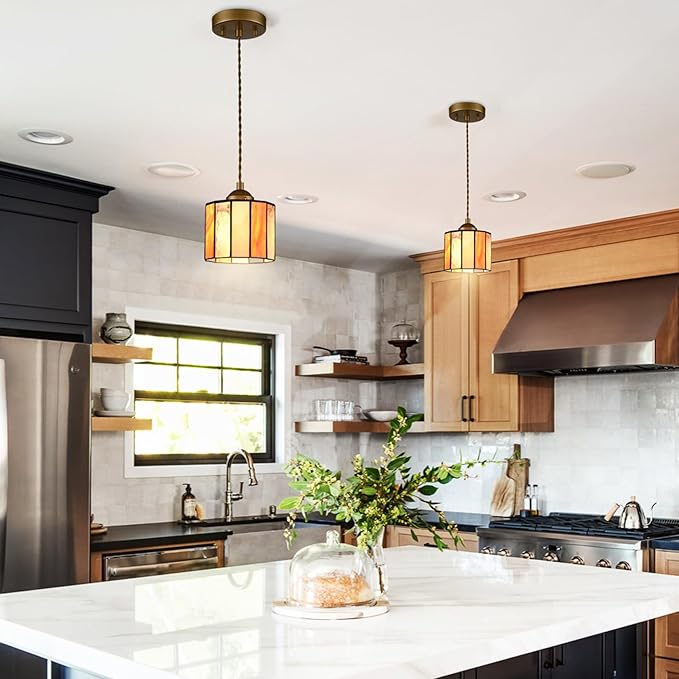 Tiffany Style Pendant Light Hanging Lamp 5.5-Inch Stained Glass Pendant Light Fixture Vintage Cylinder Tiffany Pendant Lighting for Kitchen Island Hallway Dining Room Office Home