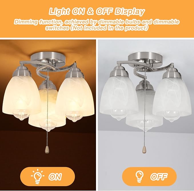 3-Light Flush Mount Ceiling Light with Pull Chain, Modern Nickel Lighting Fixtures with Alabaster Glass for Kitchen Island Dining Room Bedroom Farmhouse Foyer Hallway
