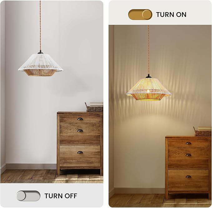 Epinl Boho Plug in Hanging Light - 12.7 Inch Rattan Plug in Pendant Light Dimmable Wicker Bamboo Woven Lampshade Hanging Lamp for Bedroom Living Room Farmhouse