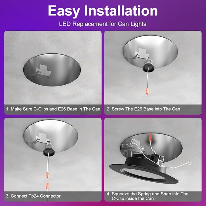 Black 5/6inch Color Changing LED Can Lights,4Packs Retrofit LED Recessed Lighting,13W 1050LM Smart Recessed can Light,Compatible with Alexa,Bluetooth APP Control,for Bedroom Kitchen Livingroom