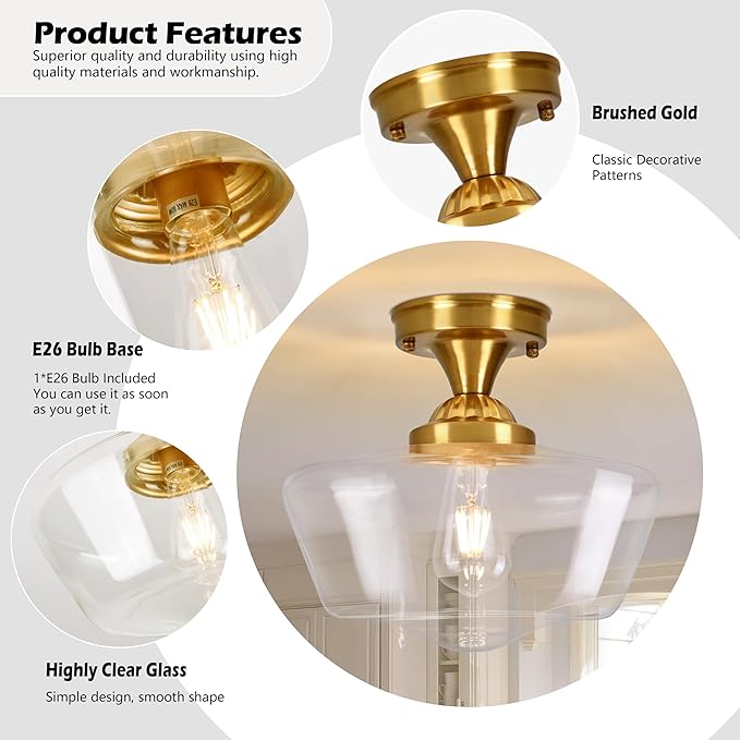 Brass Schoolhouse Light Fixture 12" Mid Century Light Fixture Schoolhouse Light Fixtures Ceiling Clear Glass Semi Flush Mount Ceiling Lights for Bedroom Bathroom Kitchen(Bulb Incl.)