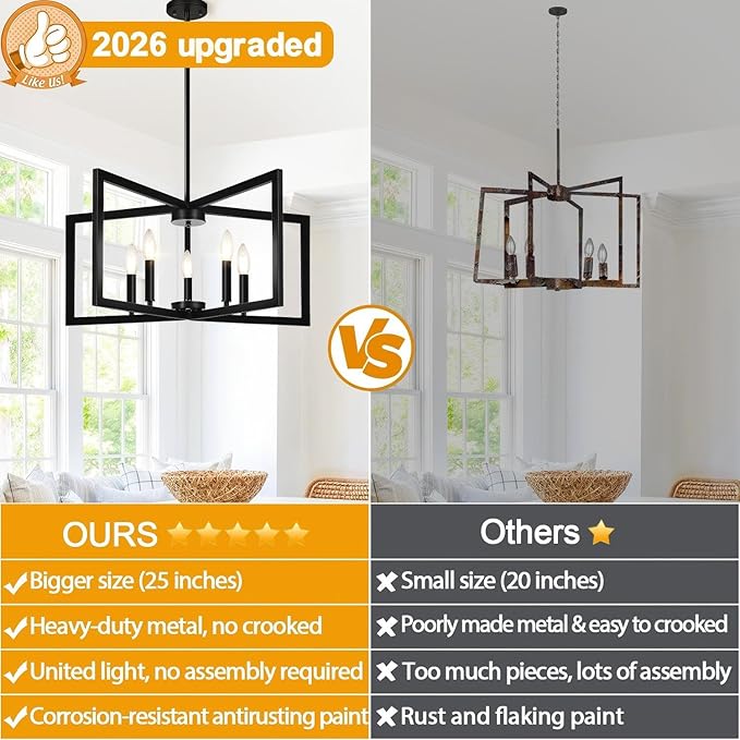 25" Modern Matte Black Chandelier for Dining Room, No Assembly Required Black Dining Room Light Fixture Over Table, Industrial Metal Hanging Pendant Lights Fixture for Kitchen Island, Entryway, Foyer