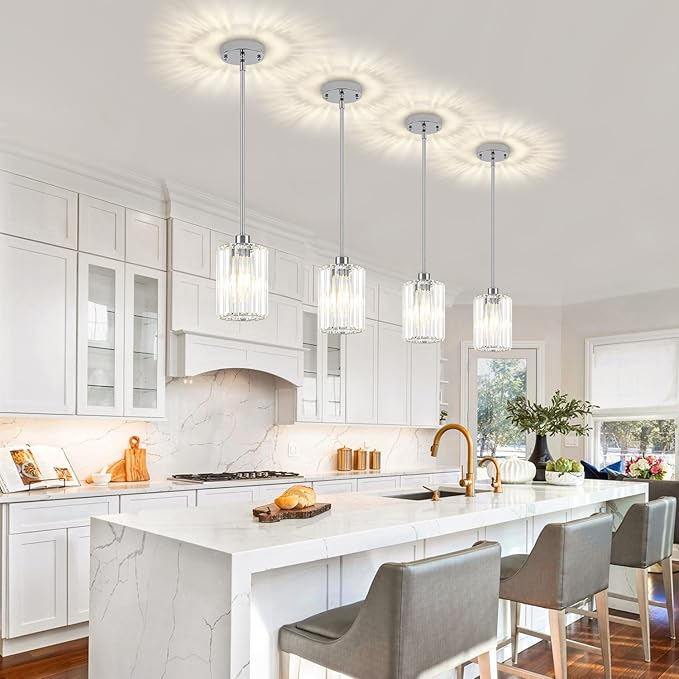 3 Pack Chrome Pendant Lights Kitchen Island, Modern Crystal Kitchen Pendant Lighting Over Island Adjustable Hanging Dining Room Light Fixtures Mini Pendant Light for Bathroom Hallway Bedroom Foyer
