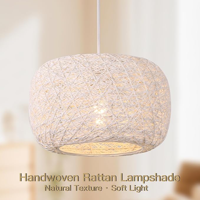 Plug in Pendant Light with Woven Rattan Lampshade, 12” Boho Hanging Lamp with 15FT Cord & On/Off Switch, E26 Socket, Ceiling Hook Installation for Bedroom Living Room Dining Nook Apartment
