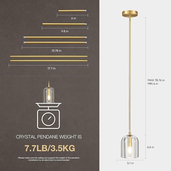 Brass Pendant Light Fixtures,5.1" Modern K9 Crystal Gold Pendant Lights for Kitchen Island Dining Room Living Room Bedroom Bathroom,E12 Bulb Included